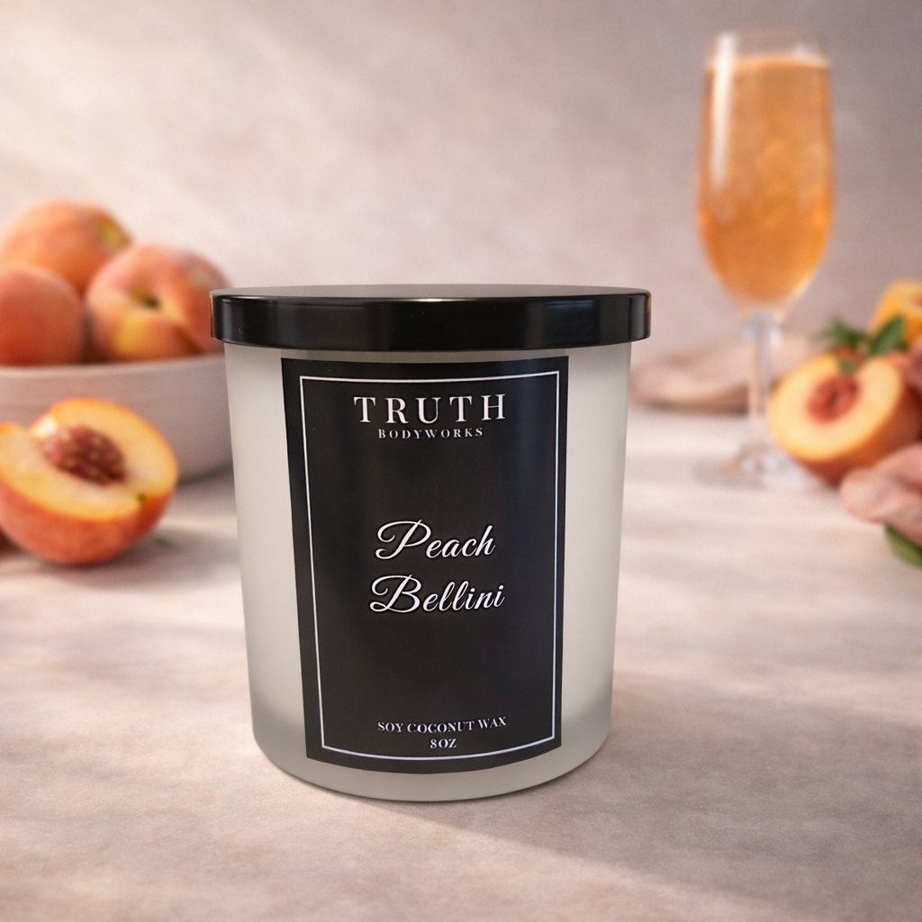 Peach Bellini hand-poured coconut soy candle – fruity peach scent – Truth Bodyworks